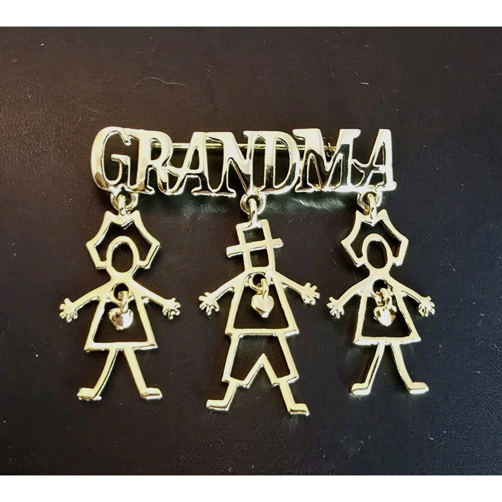 Grandma Brooch Pin Gold Tone Dangling Grandchildren Charms 2 Girls 1 Boy Vintage